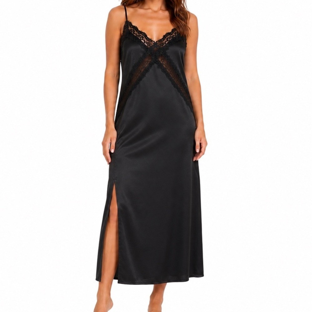 Black Satin Lace Trim Slip Dress Maxi Large Whimsigoth  Autumn Wedding Guest